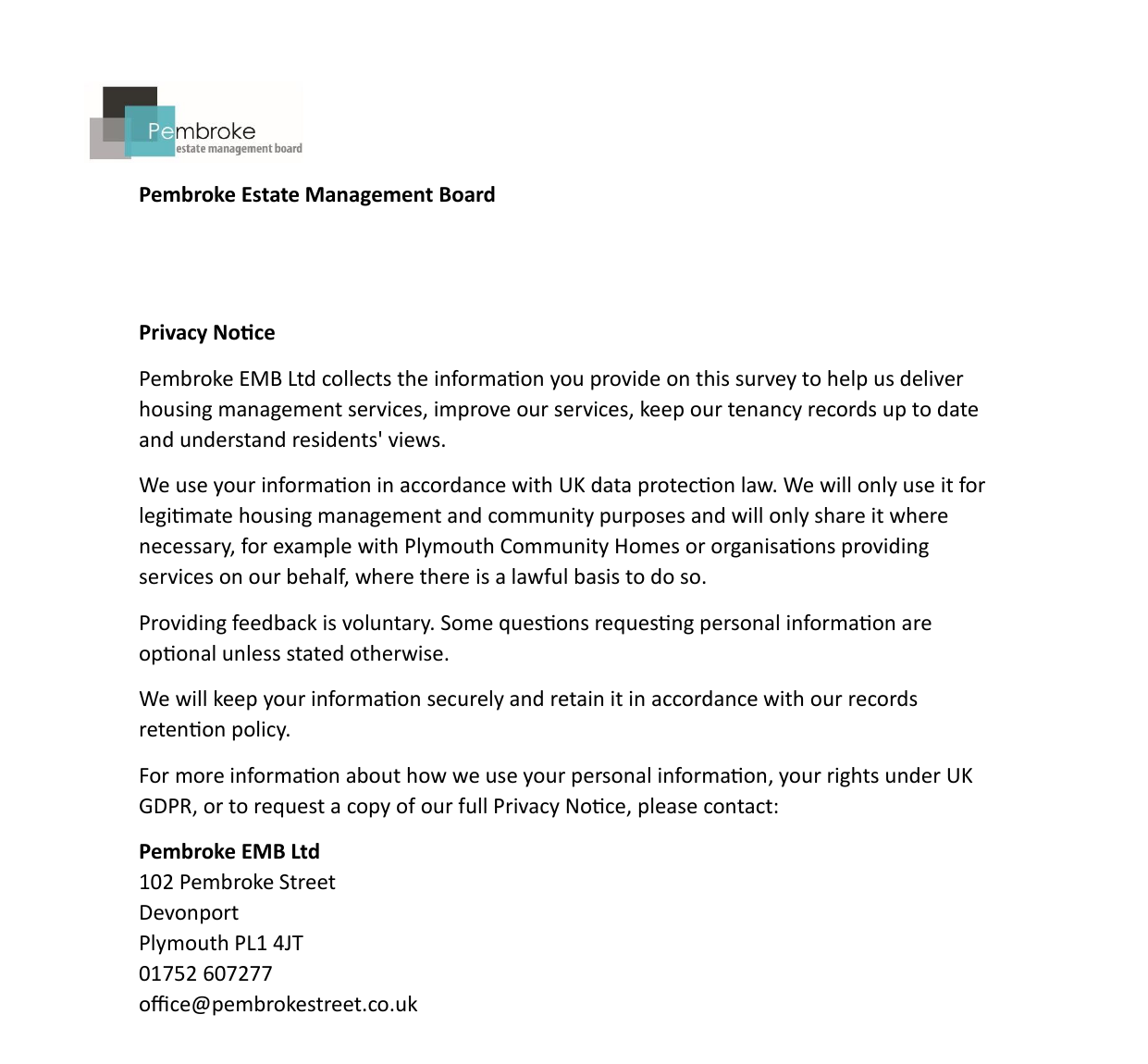 Privacy notice 2026 — Pembroke Estate Management Board, first page